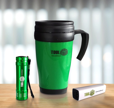 Toobox latarka, kubek termiczny, power bank